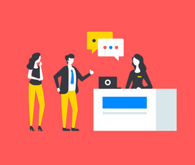 Reception. People and receptionist at desk. Modern graphic elements set. Vector illustration
