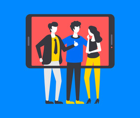 People taking photo on mobile phone. Smartphone and selfie. Modern graphic elements set. Vector illustration