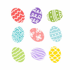 Easter eggs. Colorful bright multicolored decorated egg set. Flat, cartoon, isolated