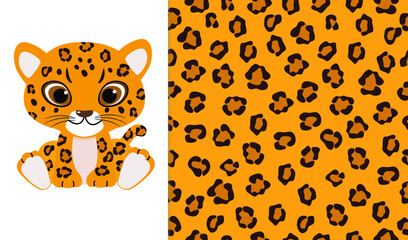 Cute leopard baby and leopard skin seamless pattern background. Vector illustration of wild animal in childish cartoon flat style. © Zhanna Bard