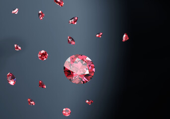 Ruby Gem Diamond group falling background soft focus bokeh 3d rendering