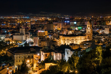Fototapeta na wymiar Nightshot of Malaga, Spain, with the Cathedral and the City Center