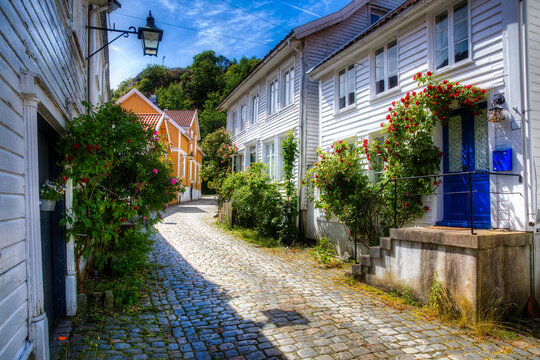 Beautiful Cobbled Street in the Southern Norwegian Town Mandal