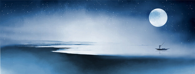Night landscape with fisherman boat under the moon. Traditional oriental ink painting sumi-e, u-sin, go-hua. © elinacious