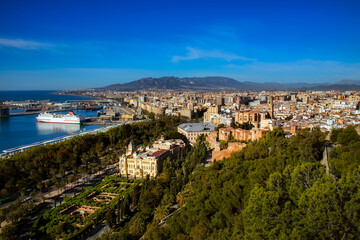 Fototapeta na wymiar View of the City of Malaga, Spain, with the Cathedral, the City Center, and the Harbor