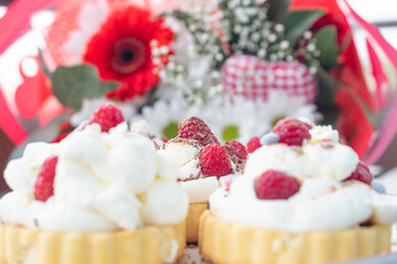 Raspberry biscuit and cream dessert, sweet dessert with raspberries, cake, brownie