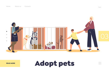 Adopt pet concept of landing page with dog shelter interior and girl volunteer show puppy to family