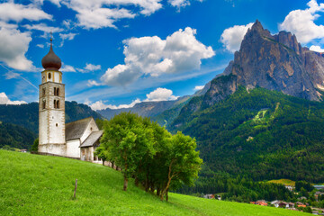 St Valentine's Church, Seis am Schlern, Italy, with the Impressive Mountain Schlern