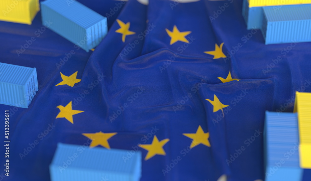 Aufkleber flag of the european union and small cargo containers, export or import related 3d rendering