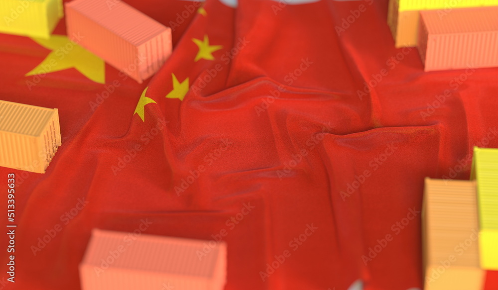 Poster national flag of china and cargo containers. import or export related 3d rendering