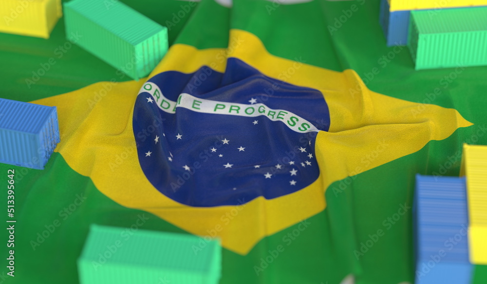 Poster flag of brazil and small cargo containers, export or import related 3d rendering