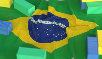 Flag of Brazil and small cargo containers, export or import related 3D rendering