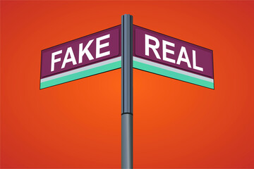 Fake on one side with Real another direction, chrome road sign, with read and green direction arrow labels, Halloween Orange Background.