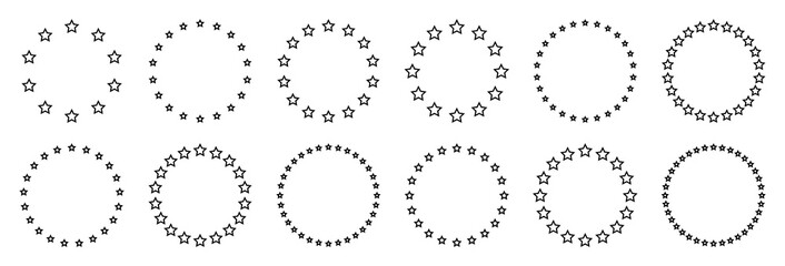Stars of various sizes arranged in a circle. Round frame, border. Black star outline, simple symbol. Design element, ornament. Line art. Vector illustration