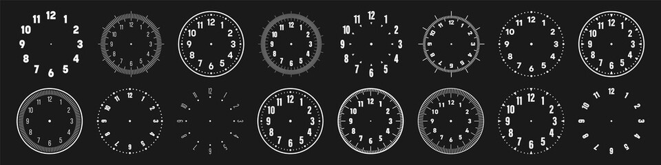 Fototapeta premium Mechanical clock faces with arabic numerals, bezel. White watch dial with minute, hour marks and numbers. Timer or stopwatch element. Blank measuring circle scale with divisions. Vector illustration