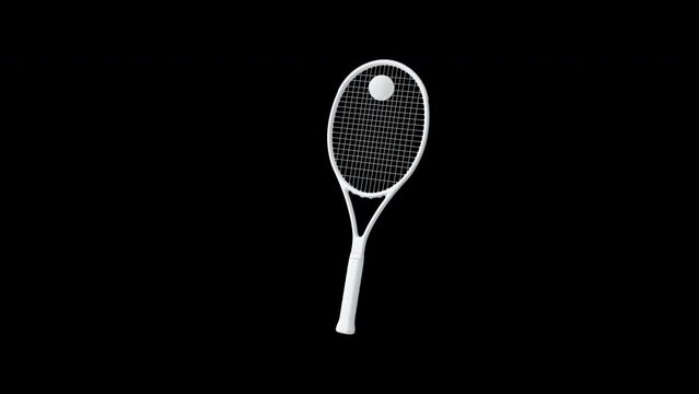 The White Tennis Racket Rotates Around the Tennis Ball and its Axis. Monochrome. Alpha Channel and Seamless Looping. 3D Render.