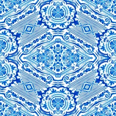 Blue white watercolor azulejos tile background. Seamless coastal geometric floral mosaic effect. Ornamental arabesque all over summer fashion damask repeat