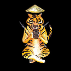 Watercolor hand drawn illustration cartoon tiger is like a samurai holding a cup of coffee,isolated on black bacground.