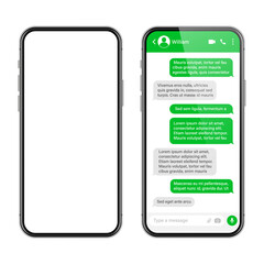 Realistic smartphone with messaging app. SMS text frame. Conversation chat screen with green message bubbles and placeholder text. Social media application. Vector illustration.