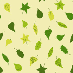 A seamless pattern of green summer leaves on a light background. Doodle style. Vector illustration