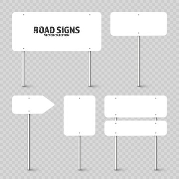 Naklejki Various road, traffic signs. Highway signboard on a chrome metal pole. Blank white board with place for text. Directional signage and wayfinder. Information sign mockup. Vector illustration