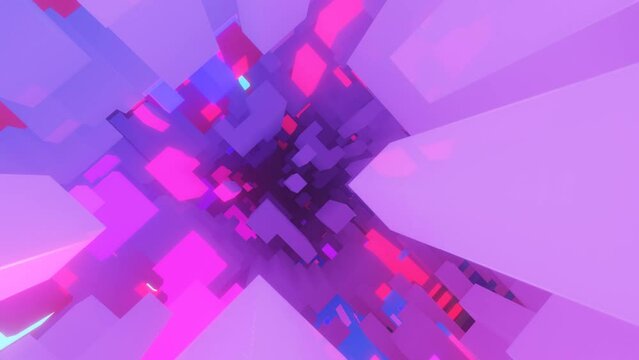 4k seamless looped animation. Fly through tunnel with light cubes or boxes, glow blocks form sci fi environment. Simple background, sci fi structure. Subsurface purple glow cubes form tunnel