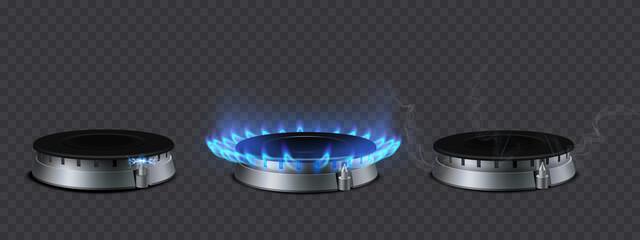 Realistic set of gas burners side view. Turned off burner. Burning. Electric ignition Propane butane blue flame in cooking oven