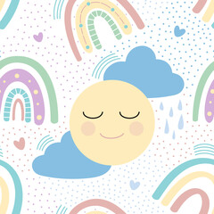 Rainbow with clouds, sun and hearts seamless pattern. Delicate childrens pattern. Design for textiles, paper, printing. 