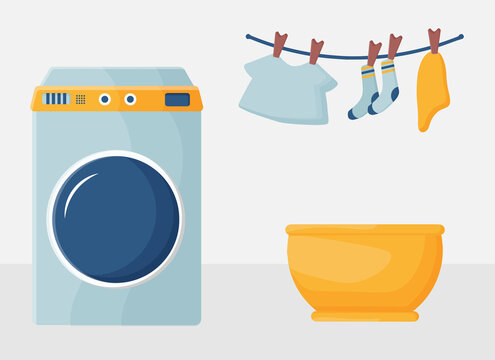 Laundry day at home. A set of vector illustrations with a washing machine, laundry and cleaning products, dirty clean linen. The concept of cleaning the apartment.