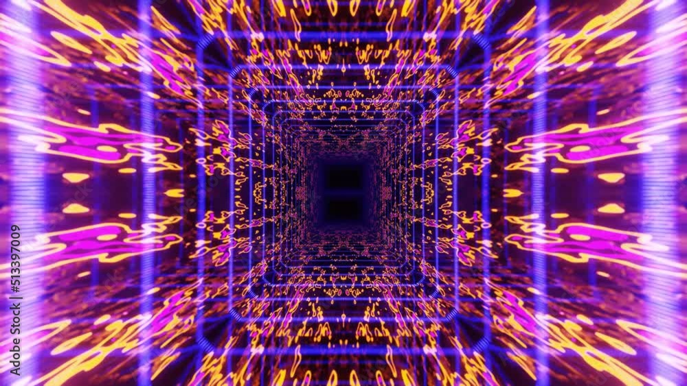 Poster 4k seamless looped animation. fly through mirror symmetrical tunnel with neon pattern, sci fi glow p