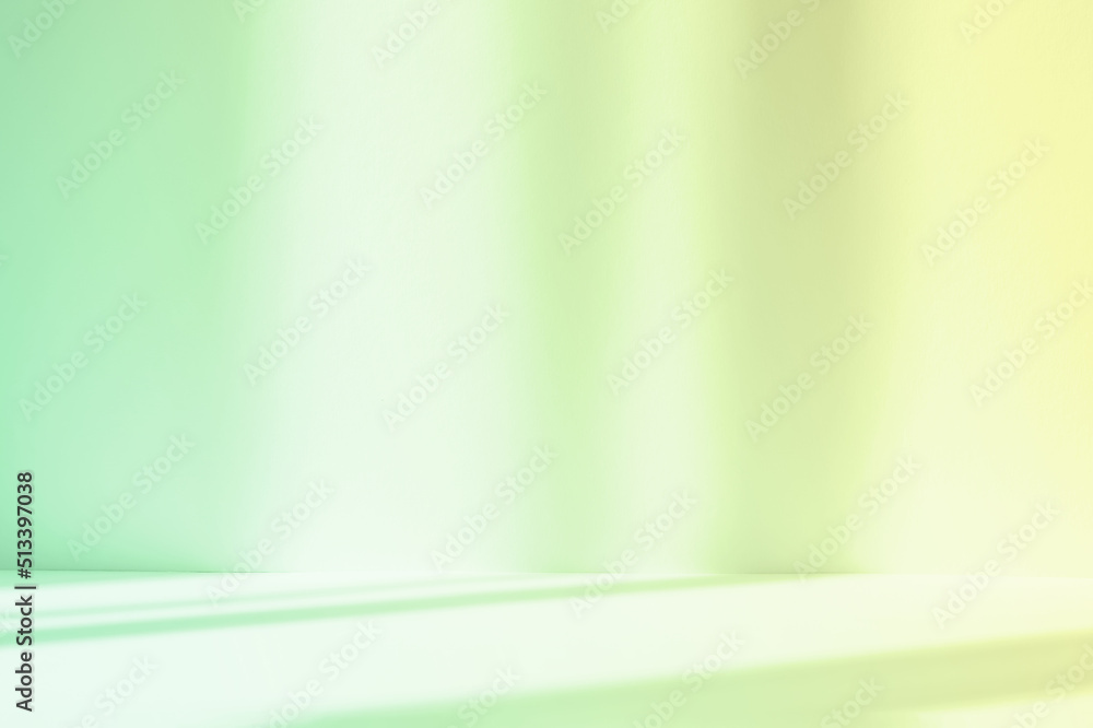 Fototapete Abstract green studio background for product presentation. Empty room with shadows of window. Display product with blurred backdrop.