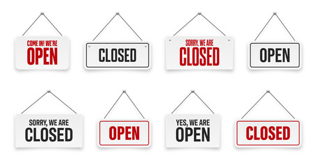 Realistic open or closed hanging signboards. Vintage door sign for cafe, restaurant, bar or retail store. Announcement banner, information signage for business or service. Vector illustration