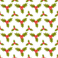 Seamless Christmas pattern with holly berries. 