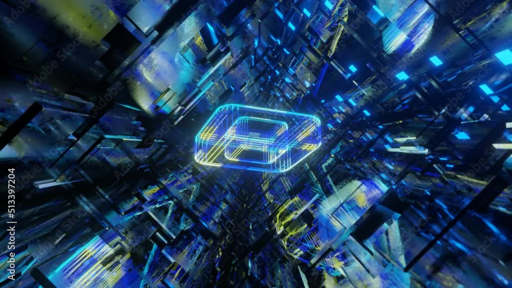 Poster 3d object or structure rotates and moves inside glass mirror tunnel with neon light, bright reflecti