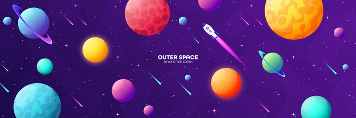 Space futuristic modern colorful background with rocket. Starship, spaceship in night sky. Solar system, galaxy and universe exploration. Vector illustration. © 32 pixels