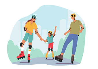 Family Weekend Activity, Leisure, Sport Spare Time. Mother, Father and Little Daughter Skating Rollers or Street