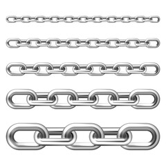 Realistic metal chain with silver links isolated on white background. Vector illustration.