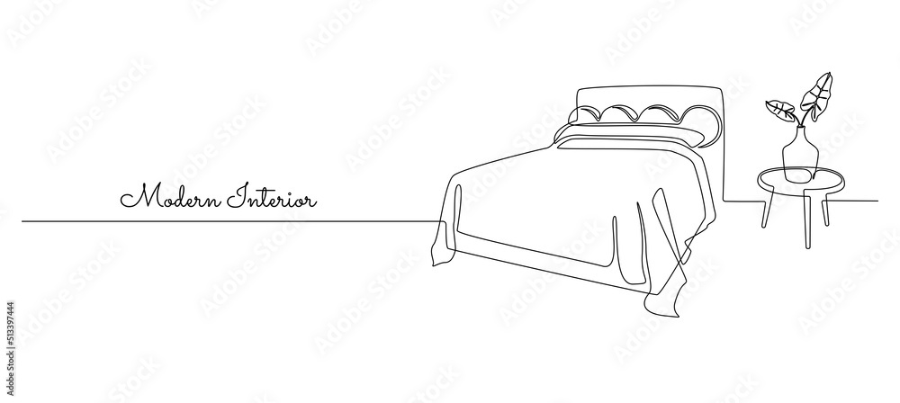 Poster one continuous line drawing of double bed and table with vase and plant. modern scandinavian interio