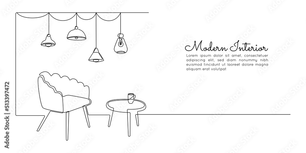 Aufkleber one continuous line drawing of armchair and hanging loft lamps and vase with plant. modern scandinav