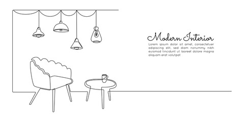 One continuous line drawing of armchair and hanging loft lamps and vase with plant. Modern scandinavian and soft furniture chair in simple linear style. Editable stroke. Doodle vector illustration
