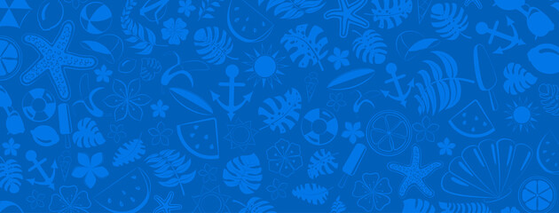 Background of various items related to summer holidays at sea, in blue colors