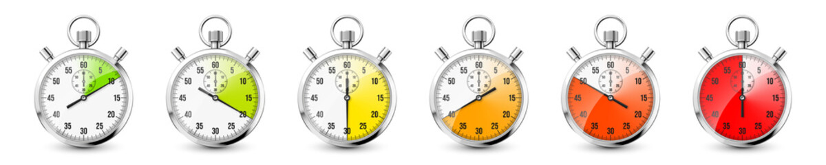 Realistic classic stopwatch icons. Shiny metal chronometer, time counter with dial. Red countdown timer showing minutes and seconds. Time measurement for sport, start and finish. Vector illustration