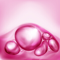 Illustration with beautiful realistic air bubbles with bright glare, floating in water or other liquid, in crimson color