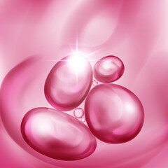 Illustration with beautiful realistic air bubbles with bright glare, floating in water or other liquid, in crimson color