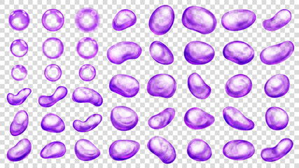 Set of realistic translucent water drops in purple colors in various shapes, isolated on transparent background. Transparency only in vector format