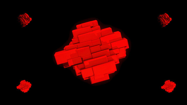 Abstract red geometric figures, big one in the center of the screen and four othes in the corners of the screen. Animation. Spinning shapes of small blocks, seamless loop.