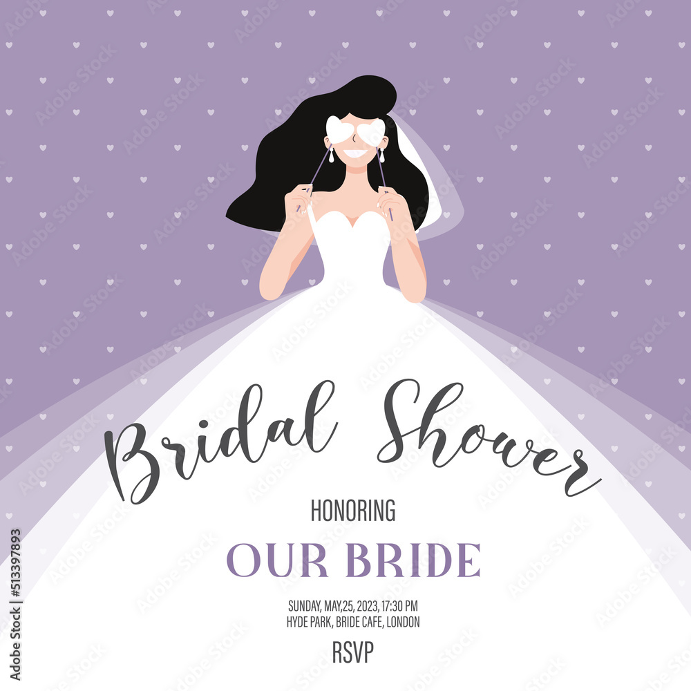 Wall mural Bridal shower invitation with bride in wedding dress, hearts eyes, retro vintage vector illustration