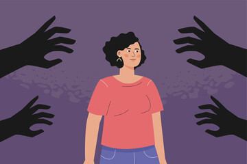 Dark hands reaching out to a pregnant woman, a metaphor for refusing to consider a woman's body her choice. The concept of banning abortions.