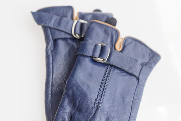 Vintage blue leather female gloves, fashion theme
