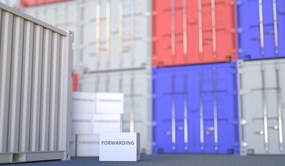 Carton with FORWARDING text and many containers, 3D rendering